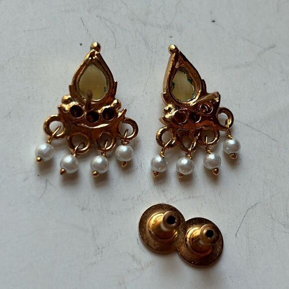 Gold tone citrus yellow teardrop shaped faux pearl and rhinestone drop earrings - Picture 3 of 3